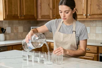 Femme versant 5 litres d'eau en millilitres dans des verres doseurs sur un plan de travail en marbre blanc