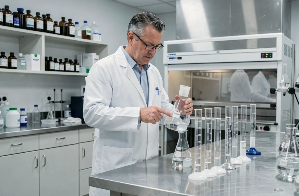 Scientifique en blouse blanche comparant un flacon de 5 litres et des éprouvettes graduées en millilitres dans un laboratoire