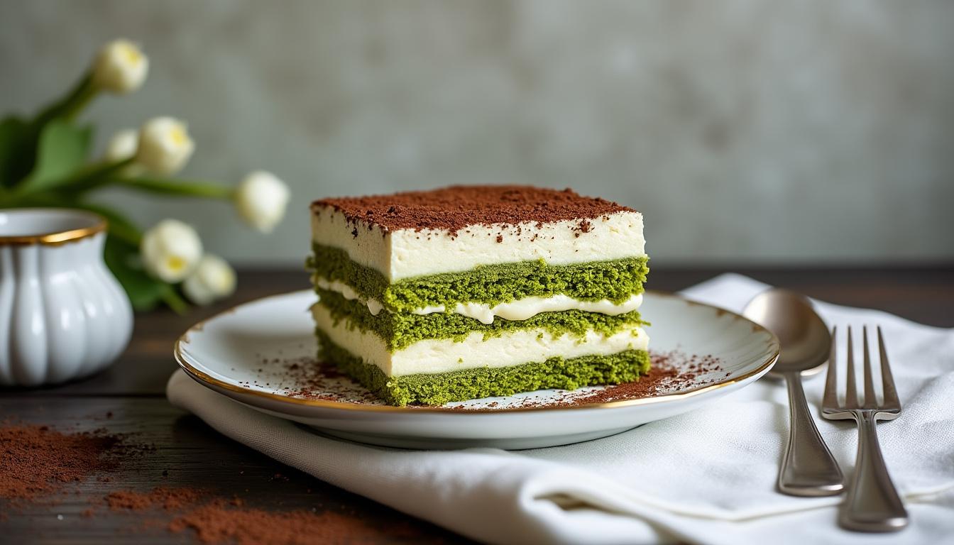 savourez le tiramisu au thé matcha michalak, une délicieuse réinterprétation d'un classique italien. ce dessert innovant allie la douceur du mascarpone à l'amertume subtile du thé matcha, offrant une expérience gustative unique qui éveille vos sens.