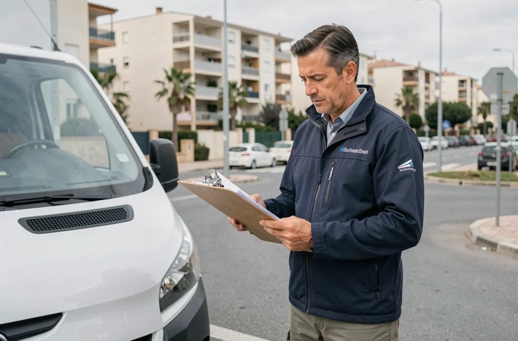 Déménageur d'Abn Prodemex consultant un plan de chargement dans un quartier résidentiel de l'agglomération nîmoise
