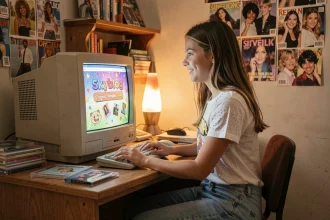 Adolescente des années 2000 tapant sur son Skyblog devant un écran CRT dans sa chambre décorée de photos de stars