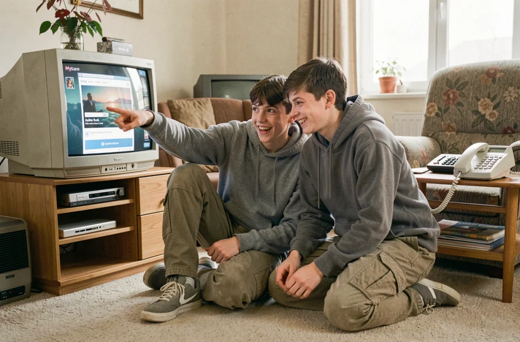 Deux adolescents des années 2000 découvrent ensemble un profil MySpace sur un ordinateur familial dans un salon rétro