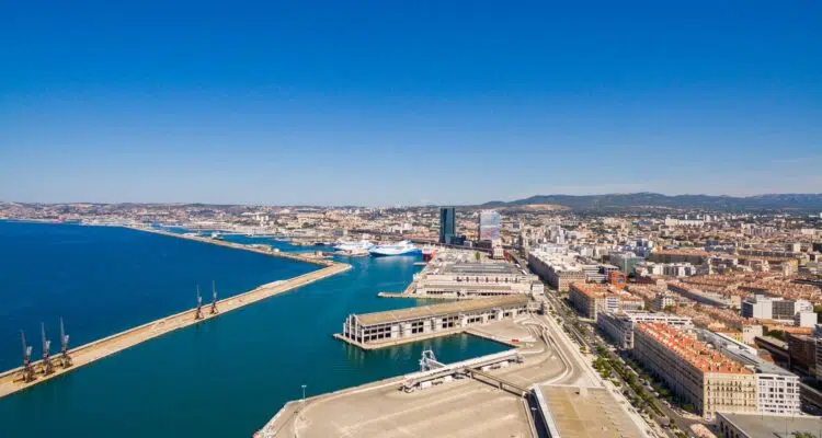 Aerial view of Marseille pier - Vieux Port, Saint Jean castle, a