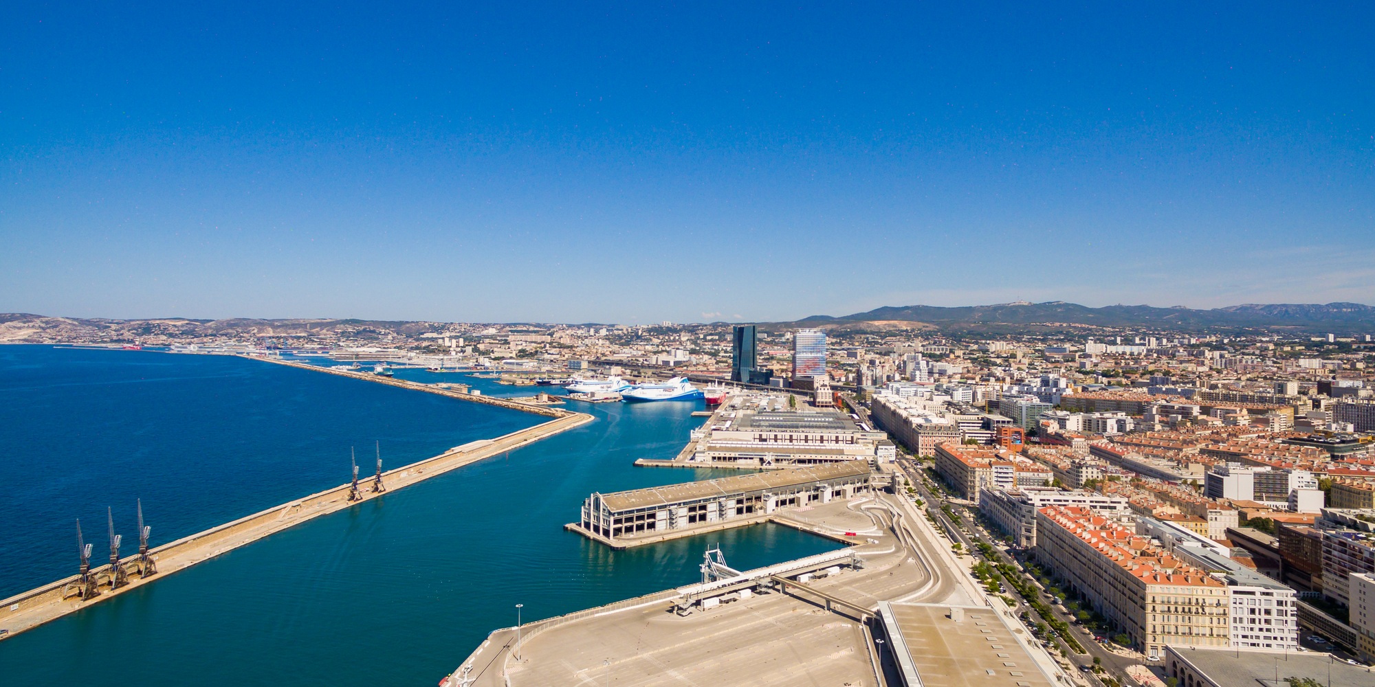 Aerial view of Marseille pier - Vieux Port, Saint Jean castle, a