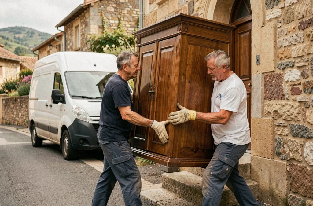 Deux déménageurs de la société familiale Soriano Frères portant une armoire devant une maison en pierre à Alès
