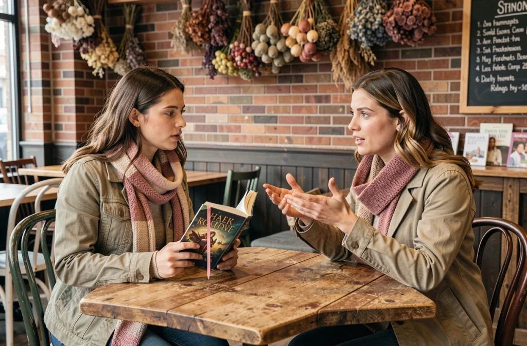 Deux amies discutant d'un roman romantasy dans un café-librairie bohème aux murs de briques et aux fleurs séchées