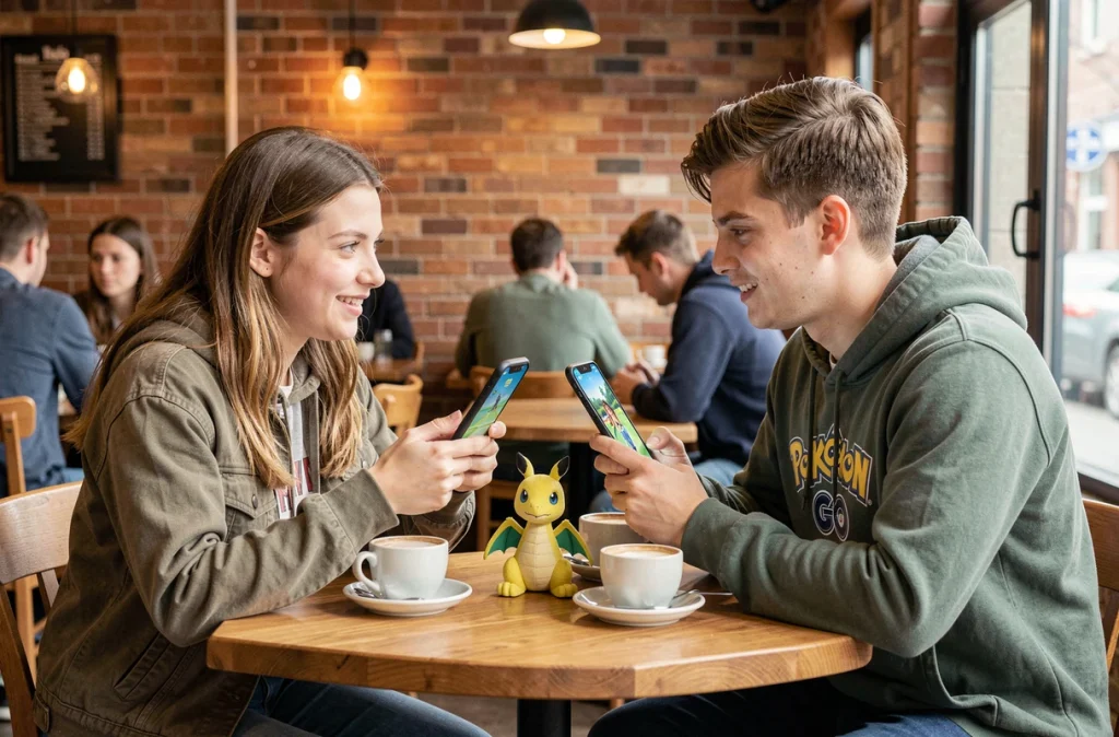 Deux amis s'affrontant en PvP Pokémon compétitif dans un café avec leurs smartphones