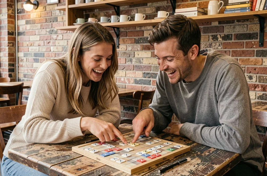 Deux amis jouant au Scrabble dans un café parisien en riant devant un mot avec la lettre Z sur le plateau
