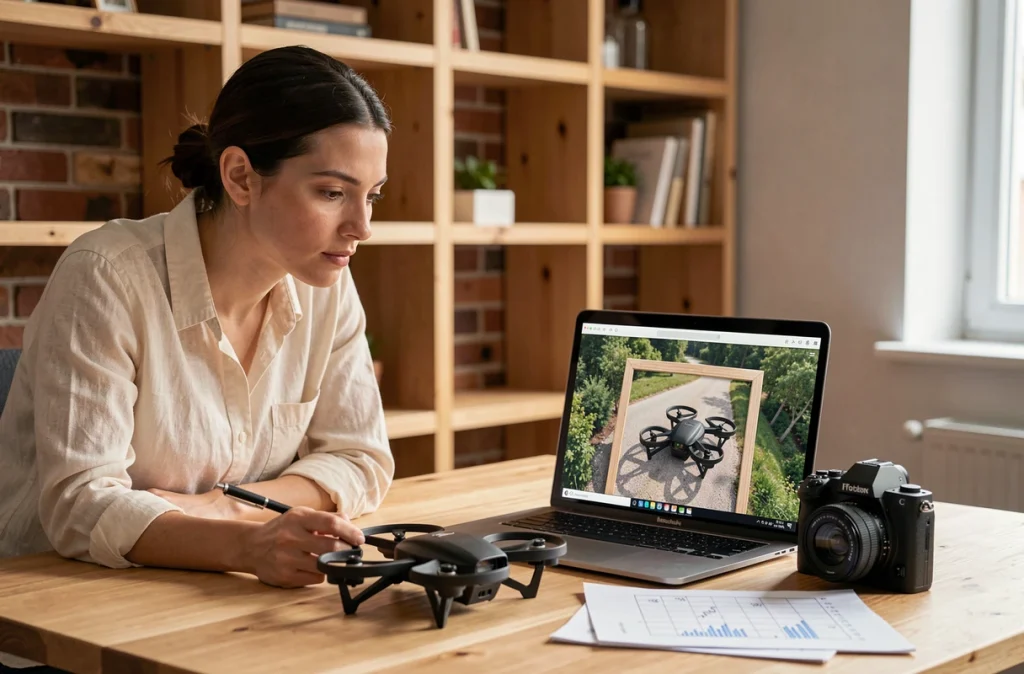 Photographe analysant des cadrages aériens capturés par un mini-drone Parrot sur un bureau de travail créatif