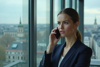 Femme professionnelle passant un appel téléphonique d'urgence depuis un bureau à Bruxelles avec smartphone en main
