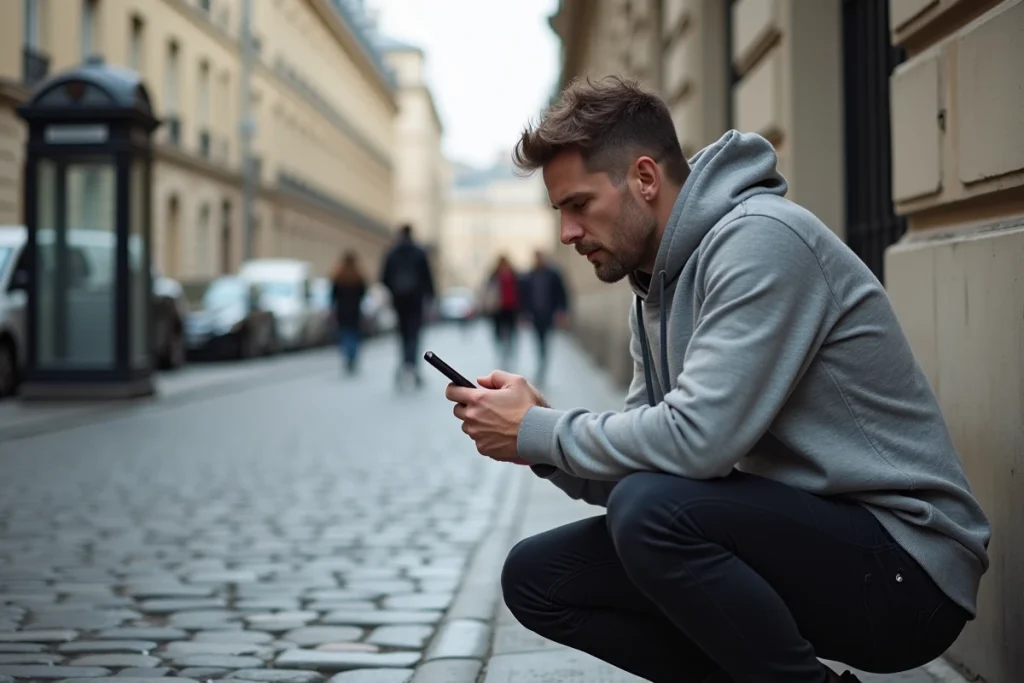 Homme en train de composer un numéro d'urgence sur son téléphone dans une rue parisienne pavée