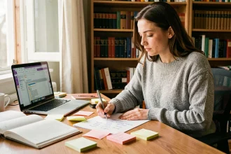 Femme en train d'écrire des synonymes dans un cahier devant un ordinateur portable dans un bureau à domicile, illustrant la recherche de mots alternatifs pour remplacer un outil d'écriture habituel