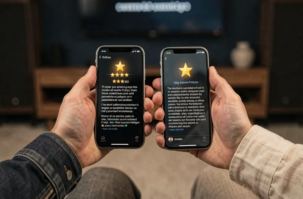 Deux smartphones affichant des avis opposés sur la série Sous écrous, cinq étoiles contre une étoile