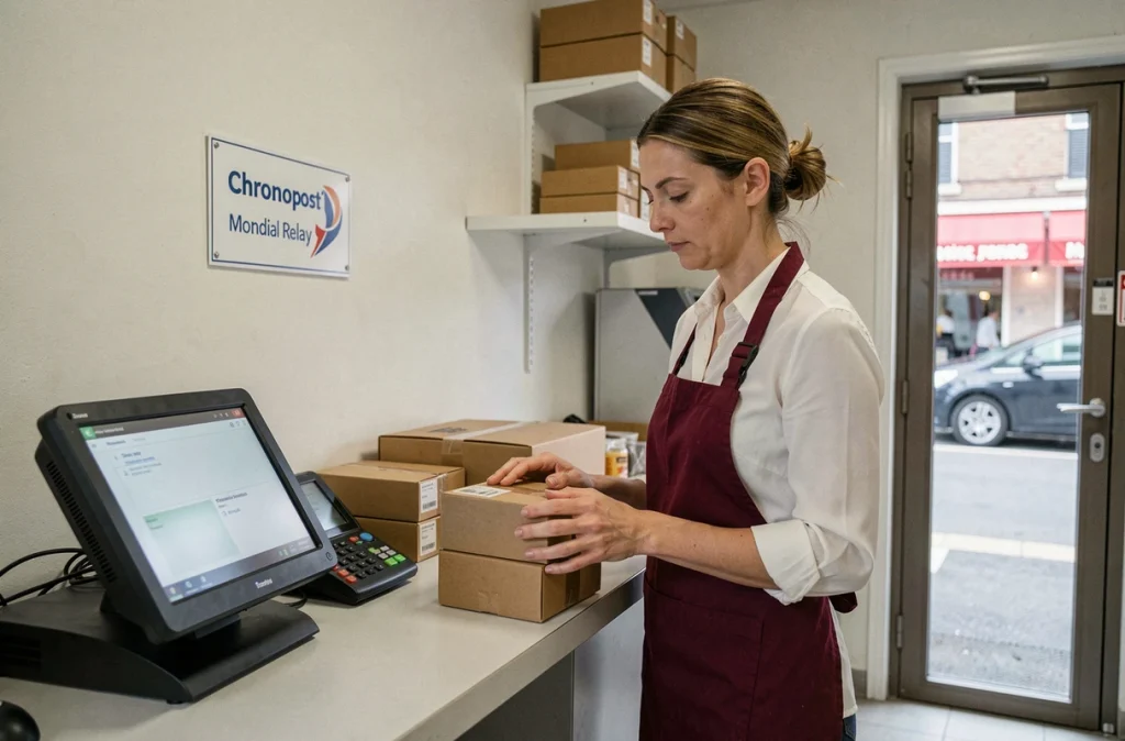 Buraliste féminine scannant un colis dans un point relais intégré à un bureau de tabac avec signalétique de livraison visible