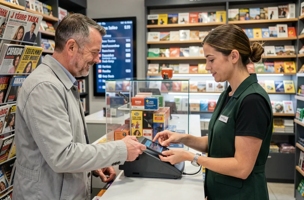 Client et buraliste consultant un terminal de recharge mobile dans un tabac-presse proposant des services de télécommunication