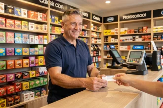 Buraliste souriant remettant un ticket de loterie à un client dans un tabac-presse français avec présentoirs de jeux et terminal PMU visibles