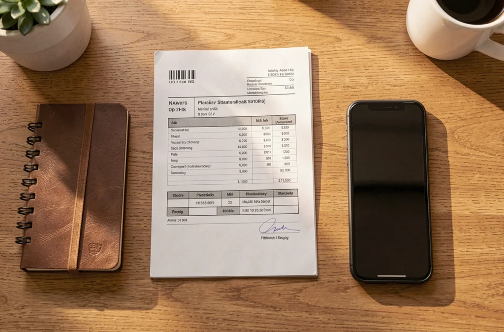 Bureau avec factures et livre de recettes d'un micro-entrepreneur