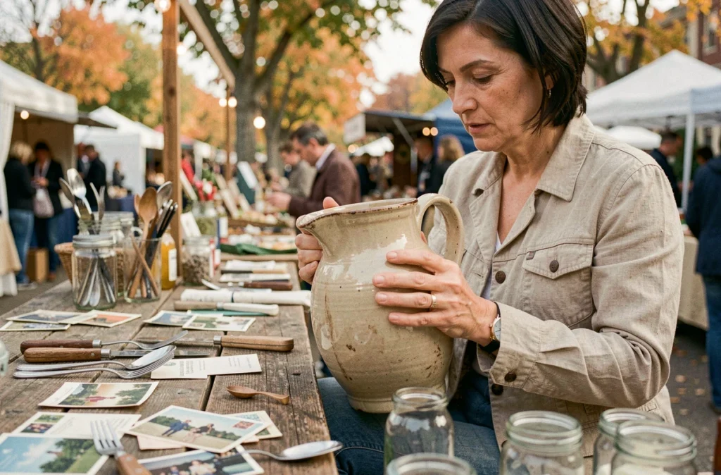 Femme examinant un objet de collection sur un stand de vide-grenier dans le département de l'Yonne