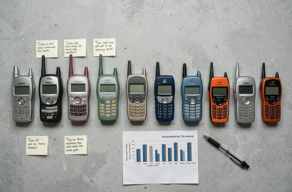 Vue à plat de téléphones portables de première génération avec notes manuscrites et graphiques illustrant les chiffres clés de l'histoire du mobile