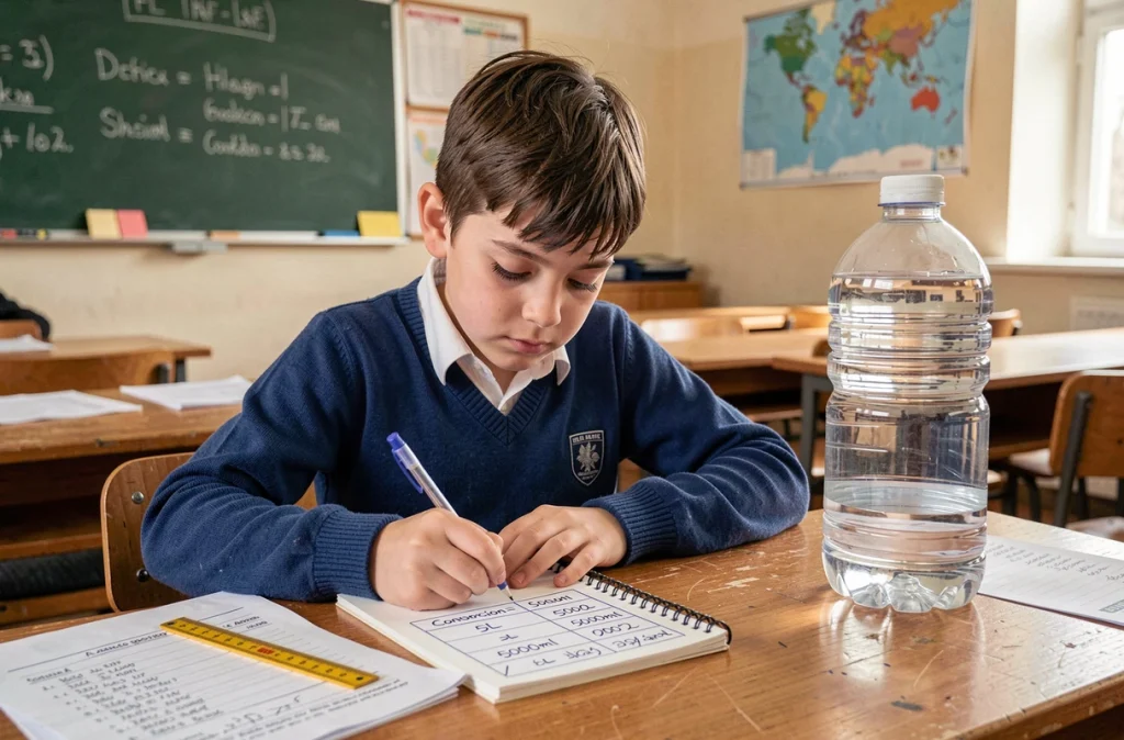 Écolier en uniforme bleu remplissant un tableau de conversion 5 litres en millilitres dans un cahier scolaire