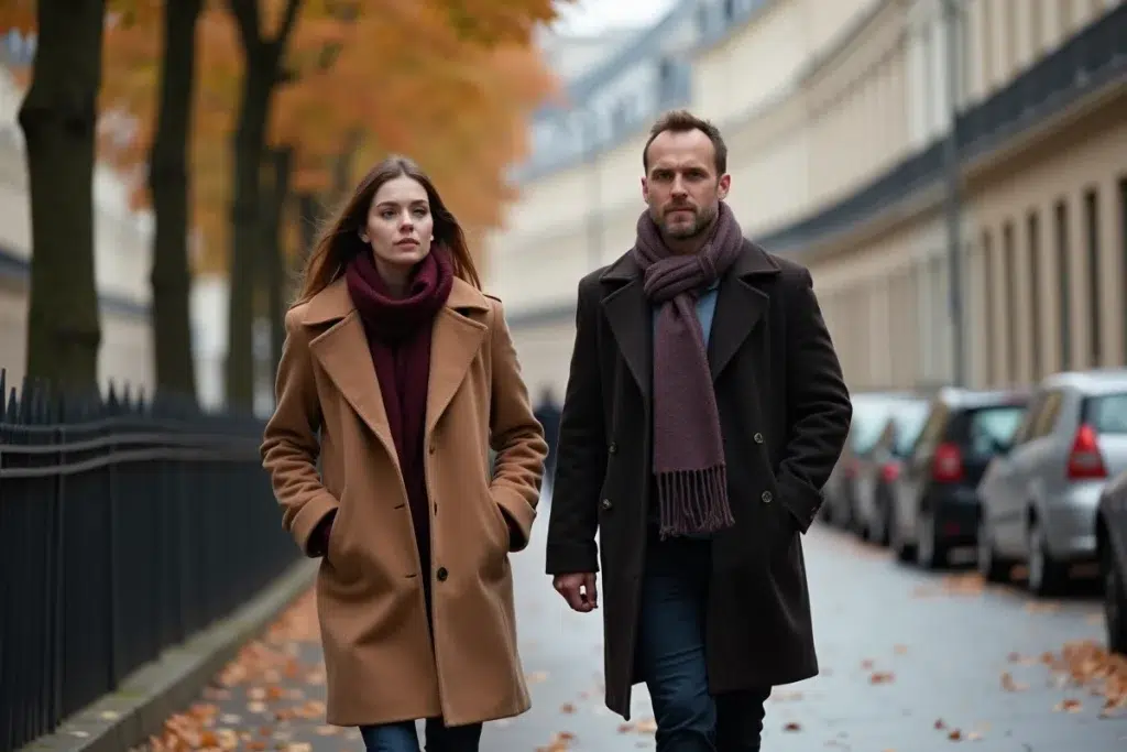 Couple marchant côte à côte sans se toucher dans une rue parisienne en automne symbolisant la distance émotionnelle