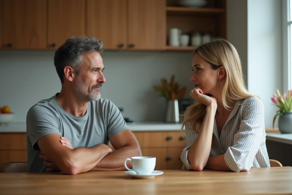 Couple en silence tendu à la table de cuisine illustrant les difficultés relationnelles avant une thérapie