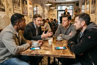 Groupe de spectateurs divisés débattant des avis sur Sous écrous dans un café parisien