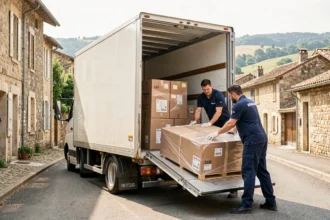 Équipe de déménagement professionnelle chargeant un camion blanc dans une ville du Lot