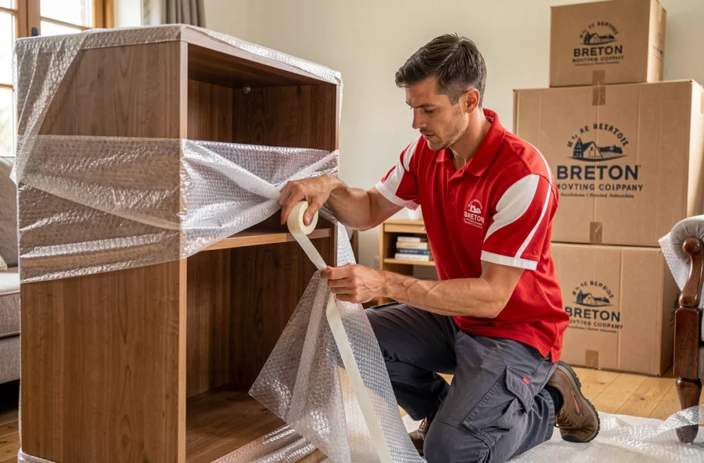 Déménageur des Déménageurs Bretons emballant des meubles avec soin dans un appartement