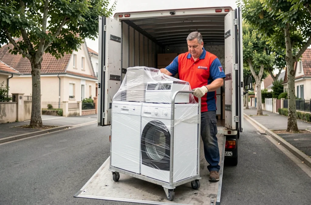 Déménageur de France chargeant des électroménagers emballés dans un camion en banlieue