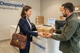 Professionnelle déposant un colis Chronopost au comptoir d'un bureau de poste