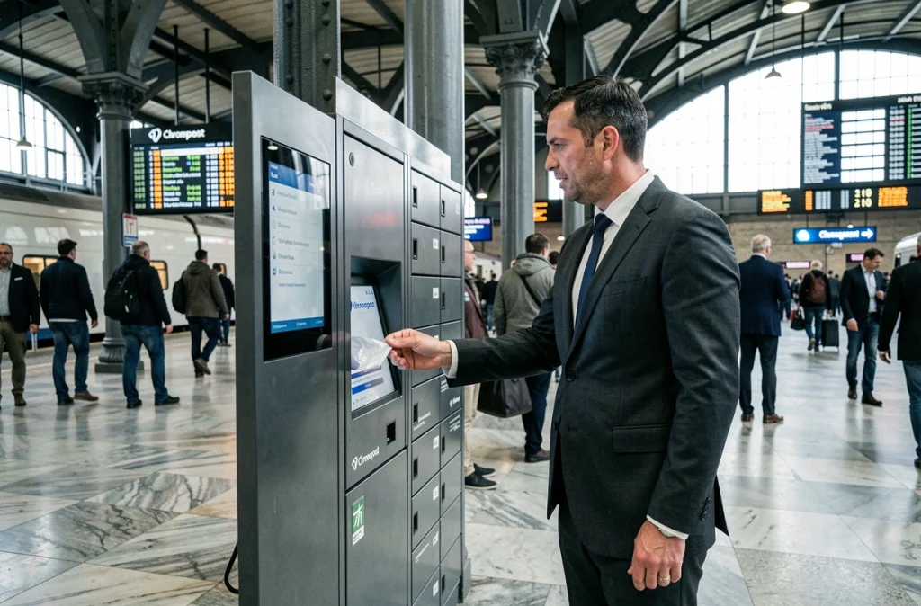Homme d'affaires déposant un colis Chronopost dans une consigne automatique en gare