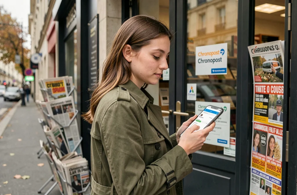 Femme déposant un colis dans un point relais Chronopost en bureau de tabac