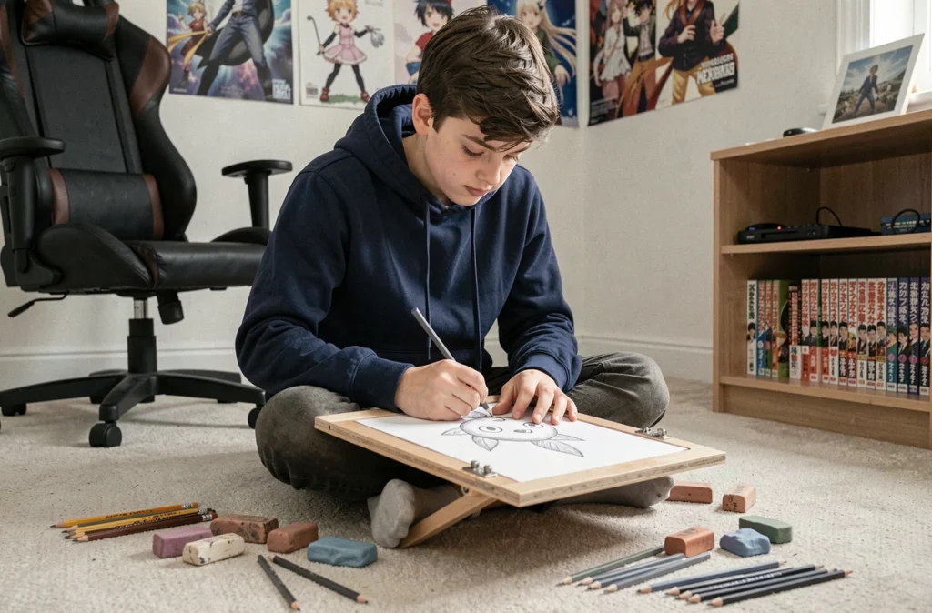 Adolescent dessinant Mew au crayon graphite posé sur un drawing board dans une chambre décorée d'affiches manga