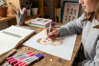 Jeune femme dessinant un personnage kawaii style Mew au feutre rose sur du papier épais dans un studio artistique cosy
