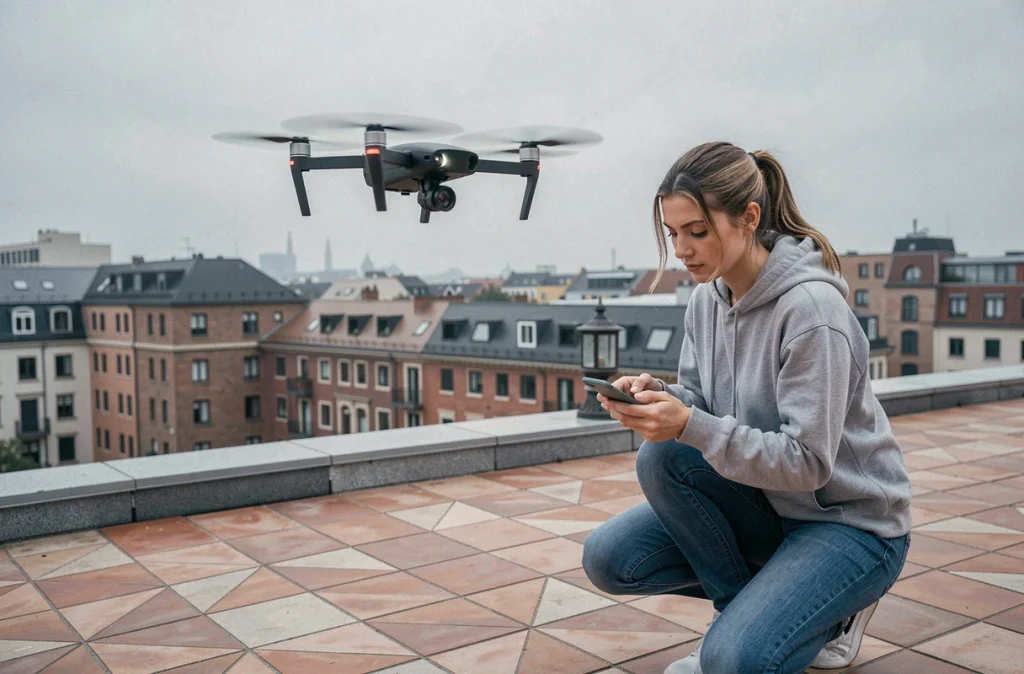 Mini-drone Parrot en vol au-dessus d'une terrasse urbaine avec une photographe contrôlant l'appareil via smartphone