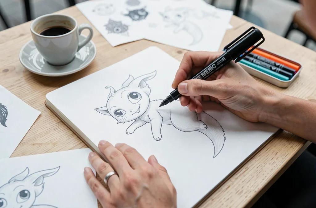 Gros plan sur des mains encrant les contours de Mew au feutre fin sur un carnet de croquis dans un café minimaliste