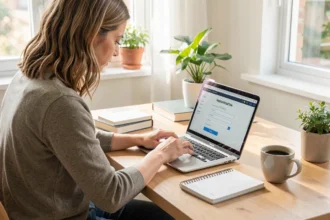 Entrepreneur remplissant une déclaration d'activité en ligne sur son ordinateur