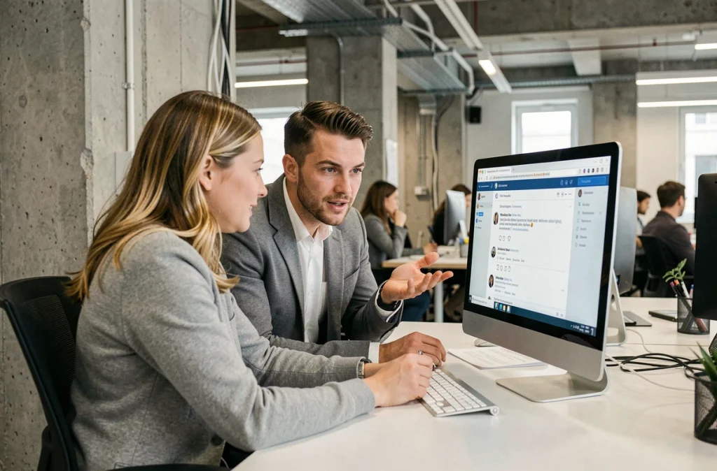 Équipe du service client Vinted Go analysant des messages sur les réseaux sociaux pour traiter des demandes clients en open space