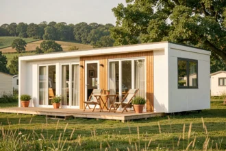 Mobil-home français moderne avec bardage bois et banche panoramique dans un camping verdoyant en France