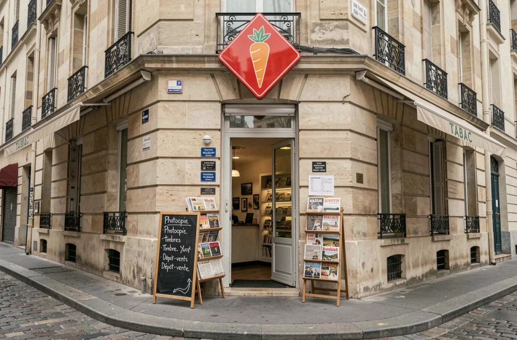 Façade extérieure d'un tabac français de quartier avec enseigne losange rouge et tableau des services affichés à l'entrée