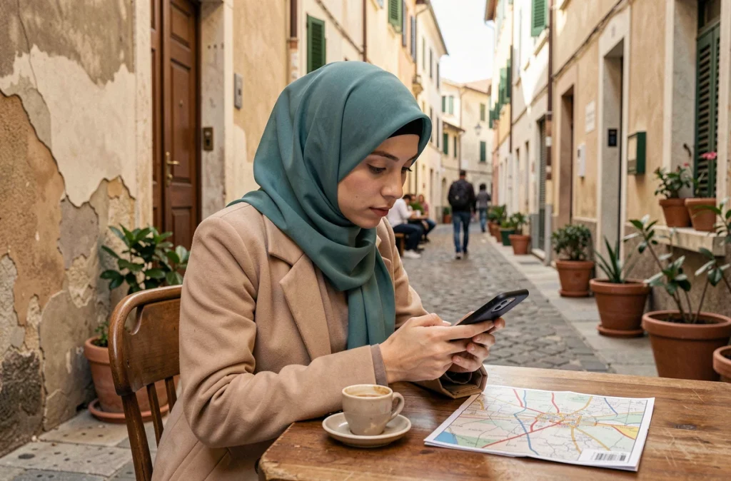 Jeune femme musulmane consultant les horaires de prière sur son téléphone dans un café de Marseille