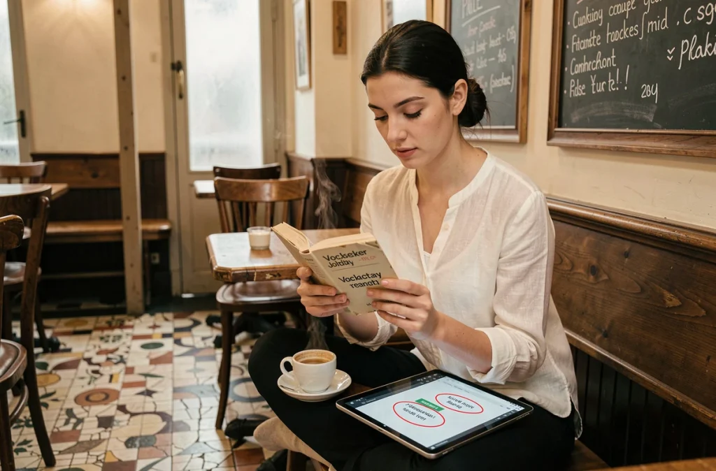 Jeune femme dans un café parisien lisant un guide de vocabulaire alternatif sur une tablette posée à côté d'elle, illustrant l'apprentissage de mots de remplacement pour un outil d'écriture courant