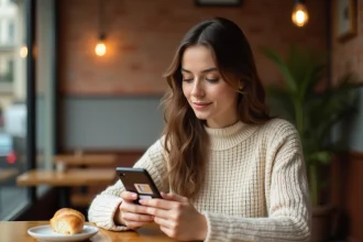 Jeune femme consultant sa carte SIM Lyca Mobile dans un café parisien pour trouver son numéro