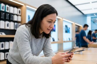 Femme examinant un iPhone dans un magasin Apple pour choisir le modèle adapté à ses besoins