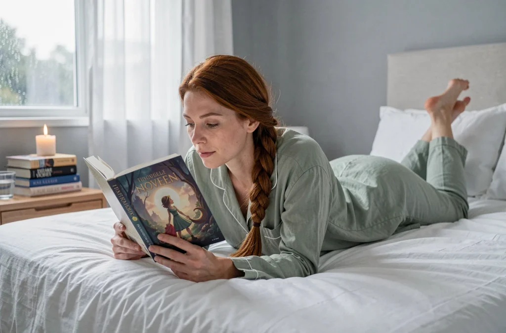 Femme lisant un roman romantasy allongée sur son lit dans une chambre apaisante, avec une pile de livres du genre sur la table de chevet