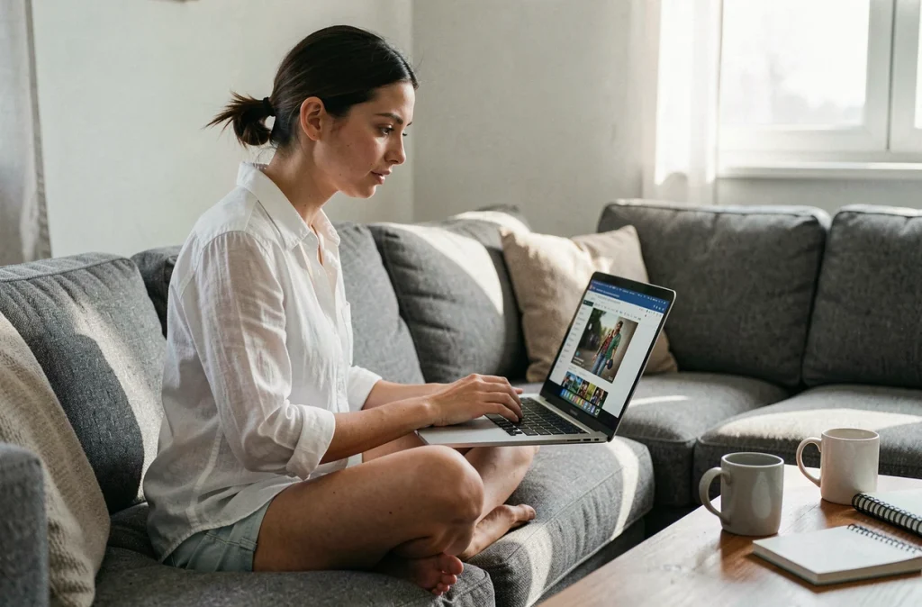 Une jeune femme lit un guide des phases du Paper Clip game sur son ordinateur portable, installée confortablement sur un canapé dans un salon moderne
