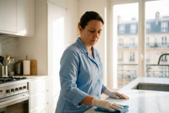 Femme de ménage professionnelle nettoyant un plan de travail dans un appartement moderne à Courbevoie