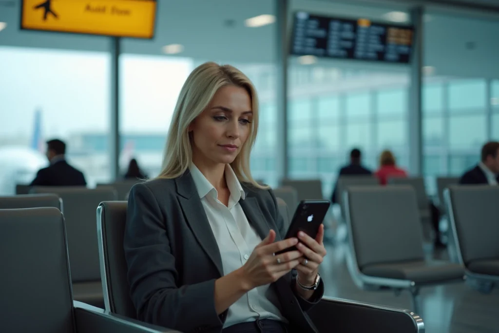 Femme vérifiant son numéro Lyca Mobile sur son téléphone dans un aéroport international