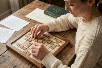 Femme concentrée plaçant une tuile Z sur un plateau de Scrabble en bois avec dictionnaire français en arrière-plan
